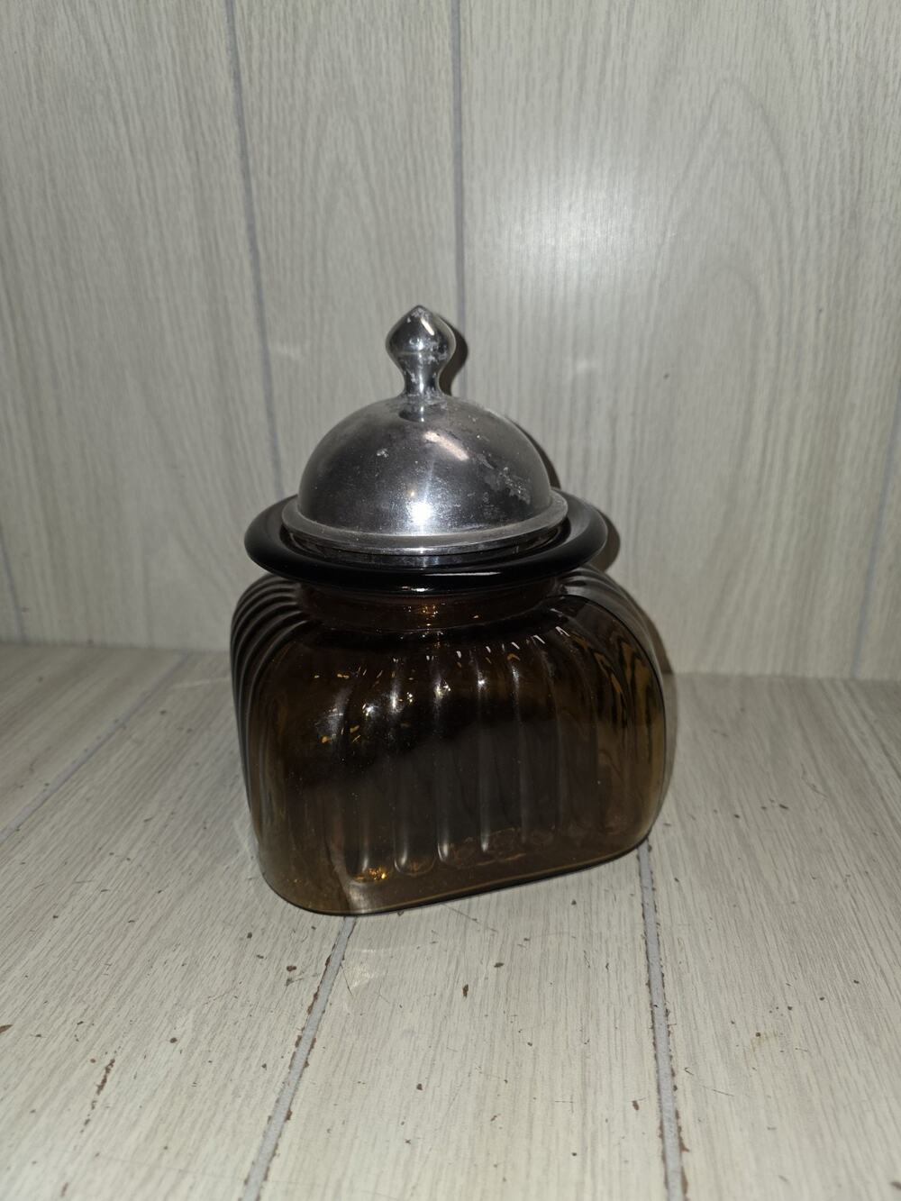 Vintage Artland Ribbed Glass Canister Jar 10” Amber Brown Pewter Lid Apothecary